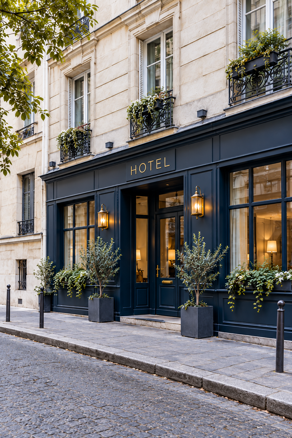 Façade d’hôtel parisien : devanture bleu marine et pierre claire